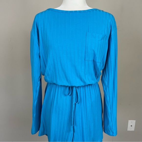 RIBBED LONG SLEEVE ROMPER MEDIUM IN BLUE DRAWSTRING WAIST KEYHOLE BACK M7J753 - Picture 7 of 16